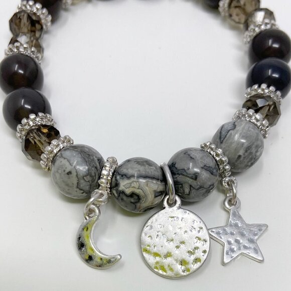 Black Gray Beaded Stretch Bracelet w/Crescent Moon, disk & Star Charms - Picture 3 of 4